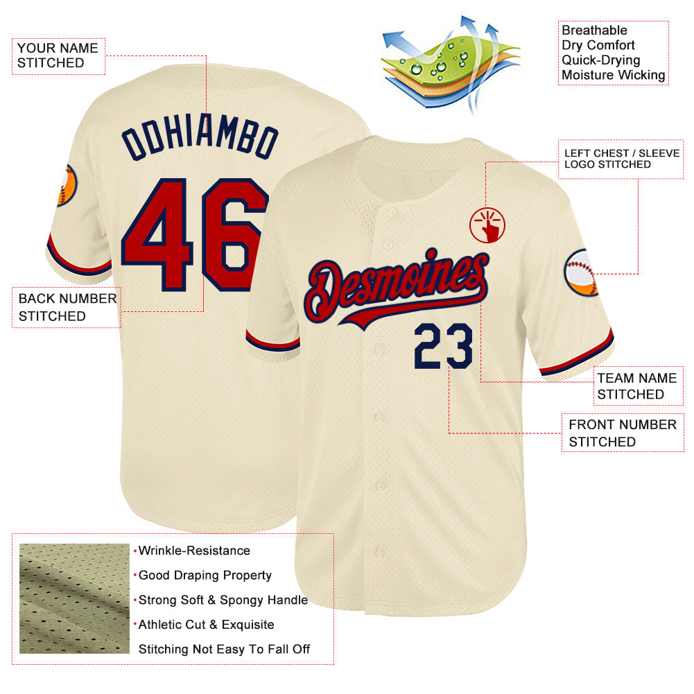 Custom Cream Red-Navy Mesh Authentic Throwback Baseball Jersey view 3