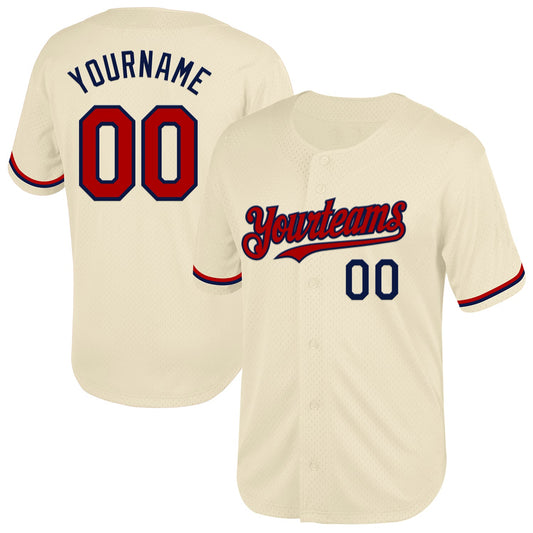 Custom Cream Red-Navy Mesh Authentic Throwback Baseball Jersey - Main View