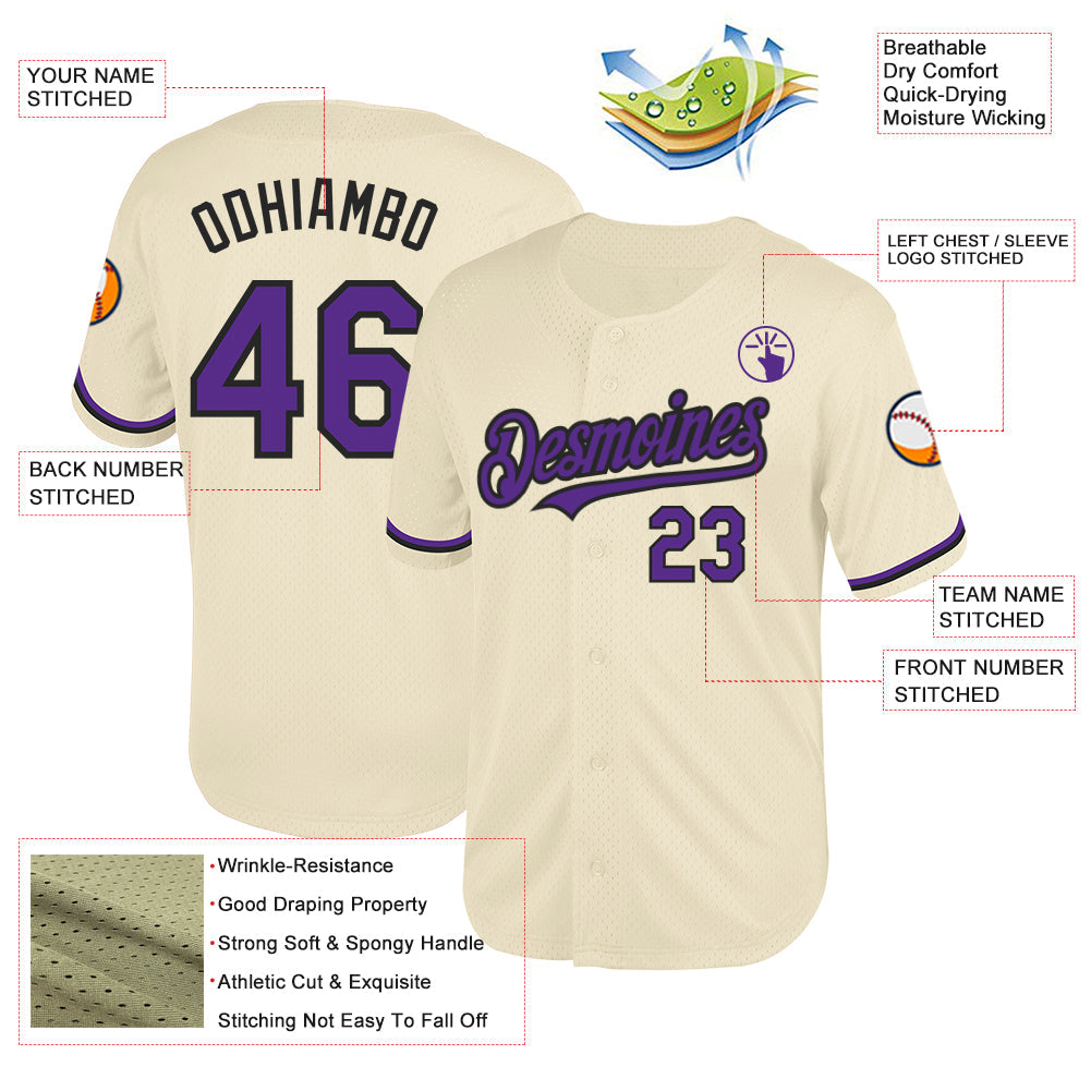 Custom Cream Purple-Black Mesh Authentic Throwback Baseball Jersey view 3
