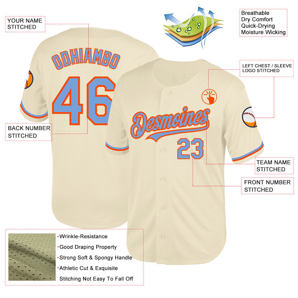 Custom Cream Powder Blue-Orange Mesh Authentic Throwback Baseball Jersey view 3
