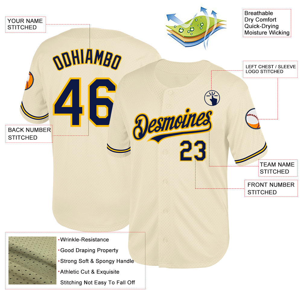 Custom Cream Navy-Gold Mesh Authentic Throwback Baseball Jersey view 3
