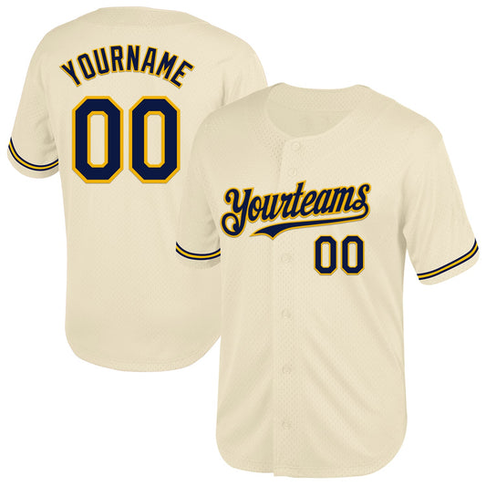 Custom Cream Navy-Gold Mesh Authentic Throwback Baseball Jersey - Main View