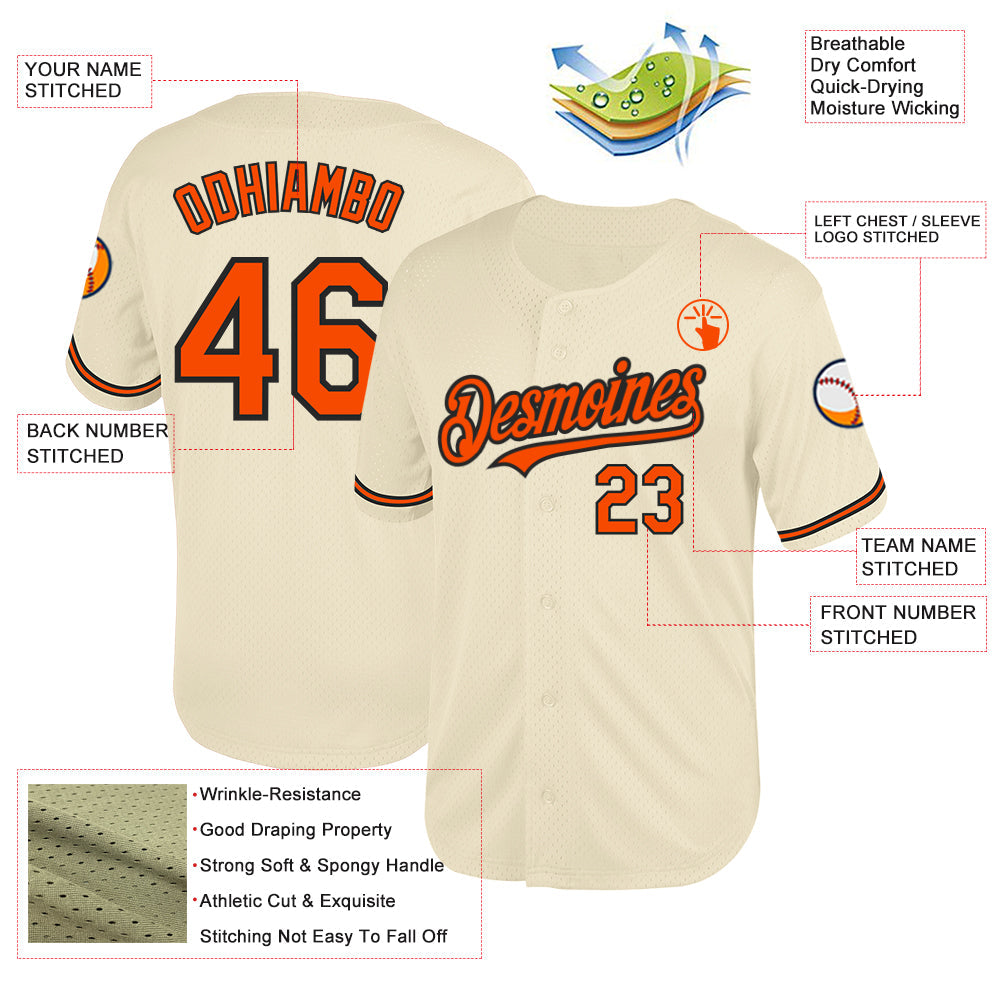 Custom Cream Orange-Black Mesh Authentic Throwback Baseball Jersey view 3