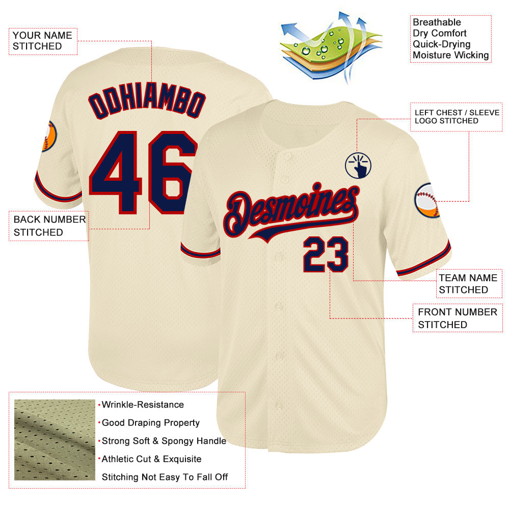 Custom Cream Navy-Red Mesh Authentic Throwback Baseball Jersey view 3
