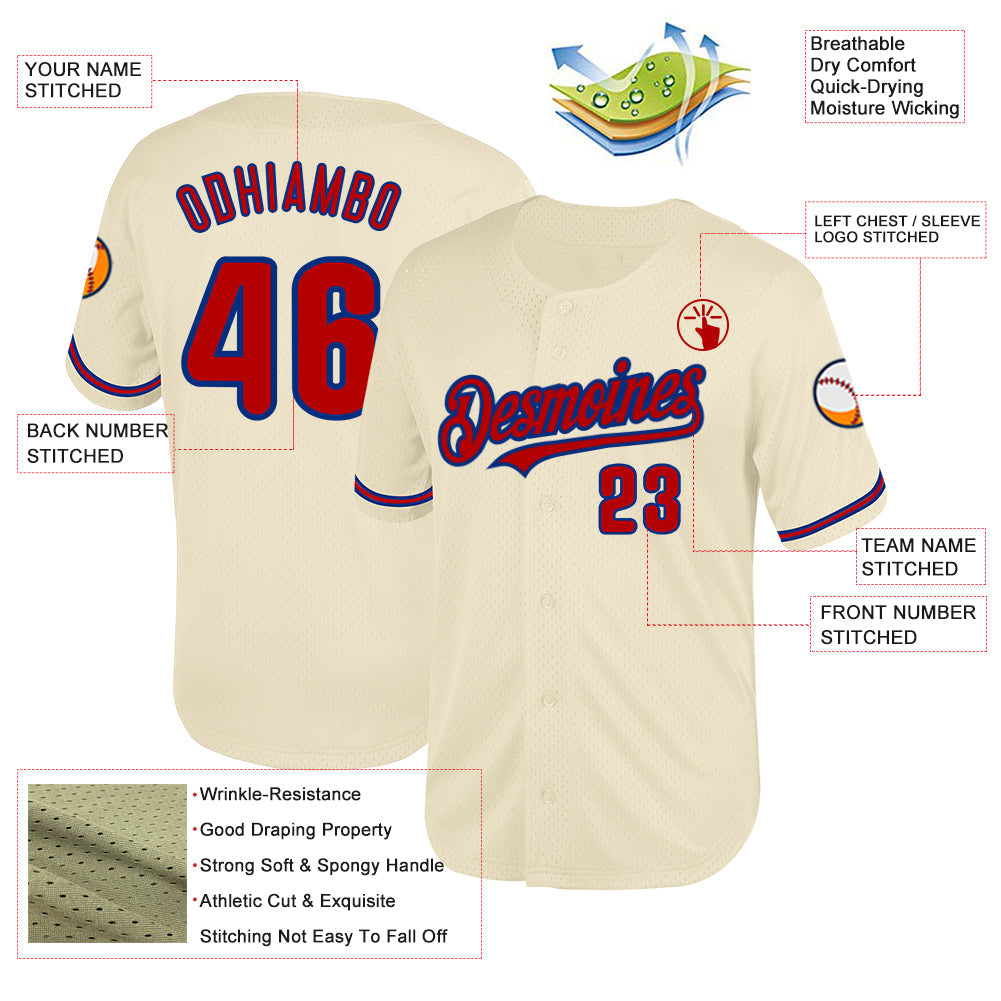 Custom Cream Red-Royal Mesh Authentic Throwback Baseball Jersey view 3