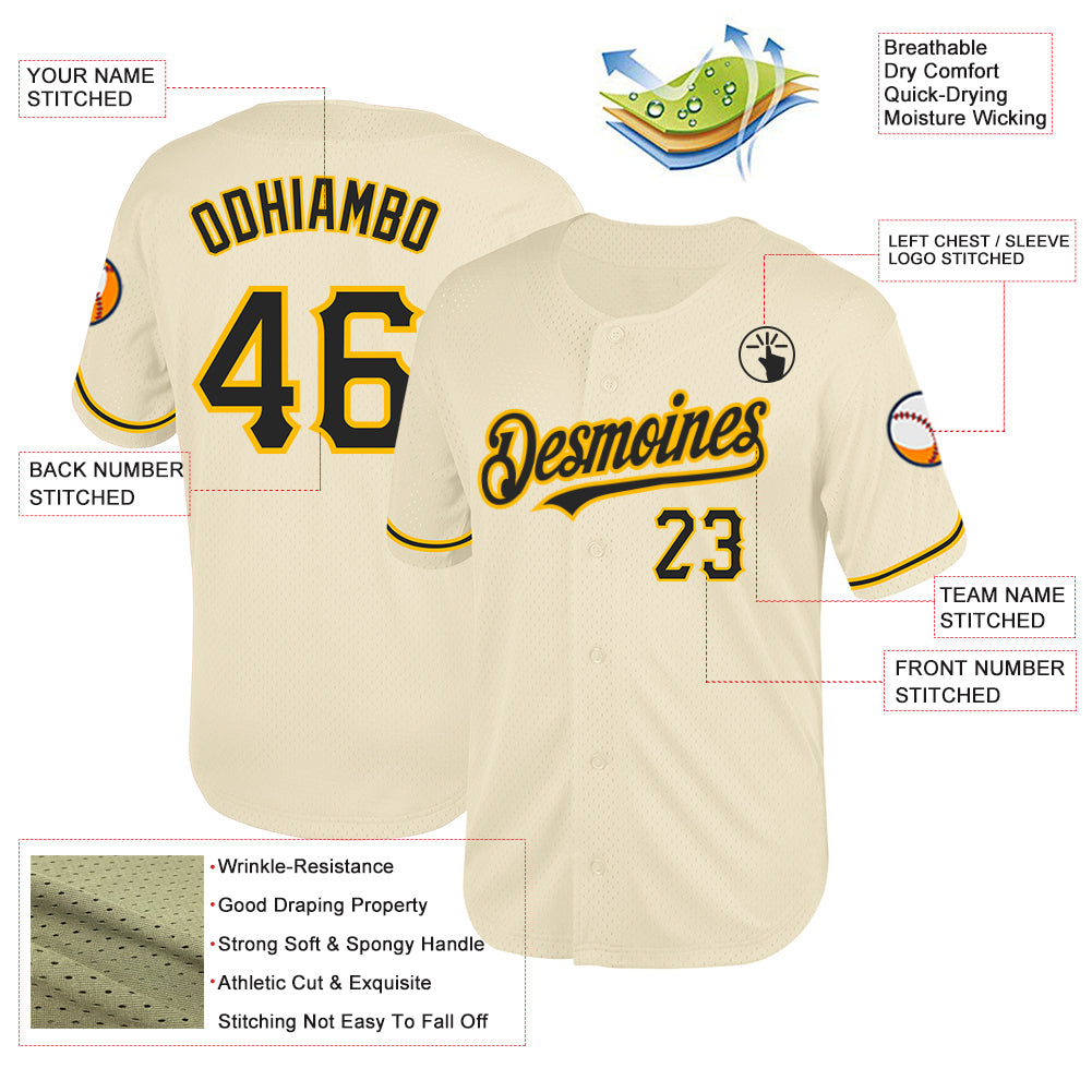 Custom Cream Black-Gold Mesh Authentic Throwback Baseball Jersey view 3