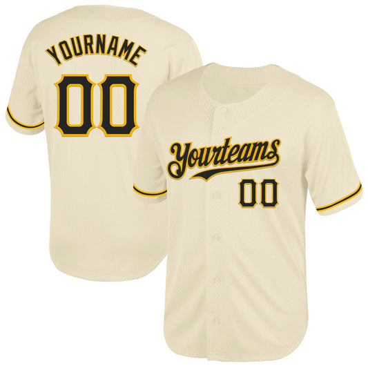 Custom Cream Black-Gold Mesh Authentic Throwback Baseball Jersey - Main View
