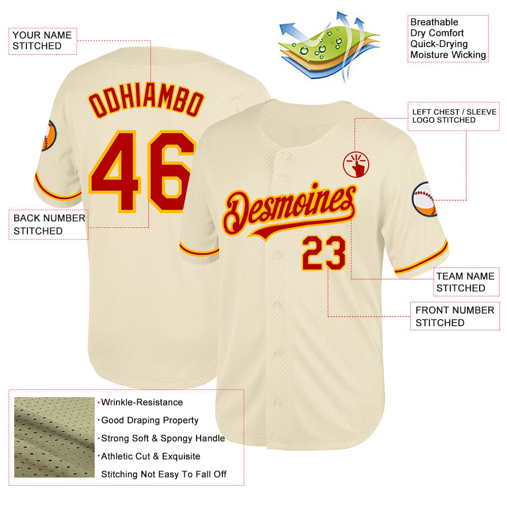 Custom Cream Red-Gold Mesh Authentic Throwback Baseball Jersey view 3