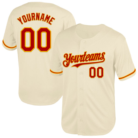 Custom Cream Red-Gold Mesh Authentic Throwback Baseball Jersey - Main View