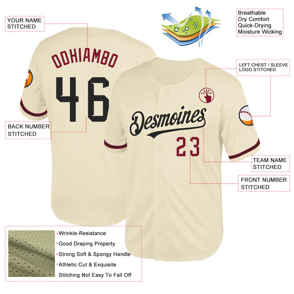Custom Cream Black-Crimson Mesh Authentic Throwback Baseball Jersey view 3