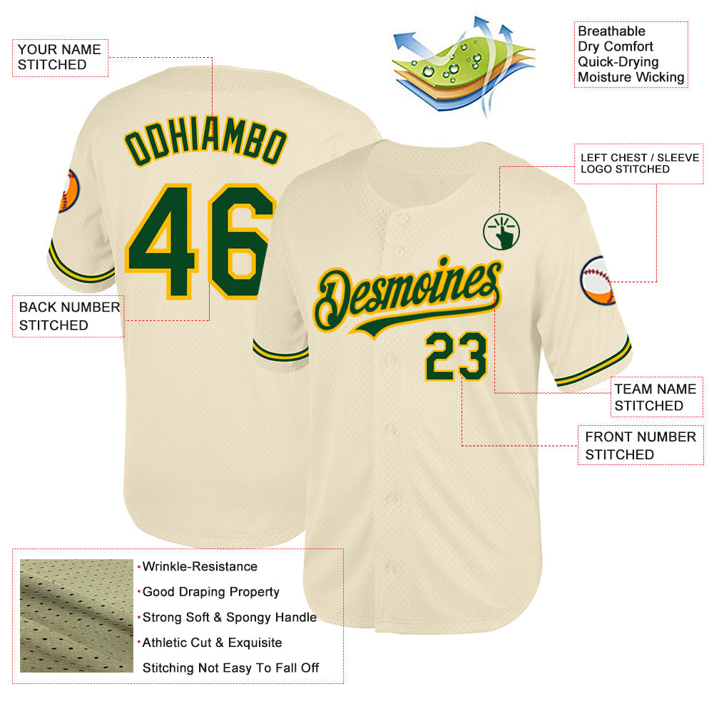 Custom Cream Green-Gold Mesh Authentic Throwback Baseball Jersey view 3