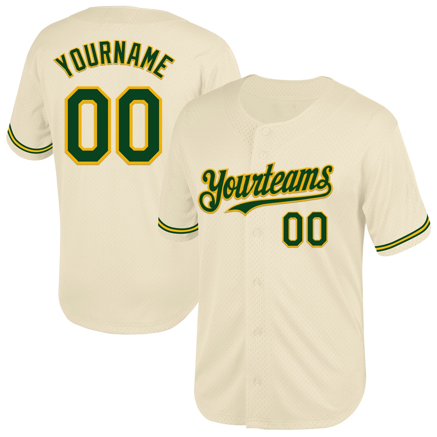 Custom Cream Green-Gold Mesh Authentic Throwback Baseball Jersey - Main View