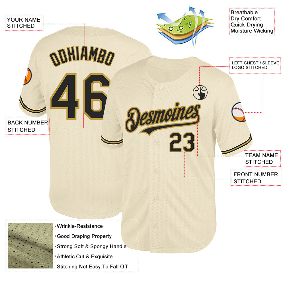 Custom Cream Black-Old Gold Mesh Authentic Throwback Baseball Jersey view 3