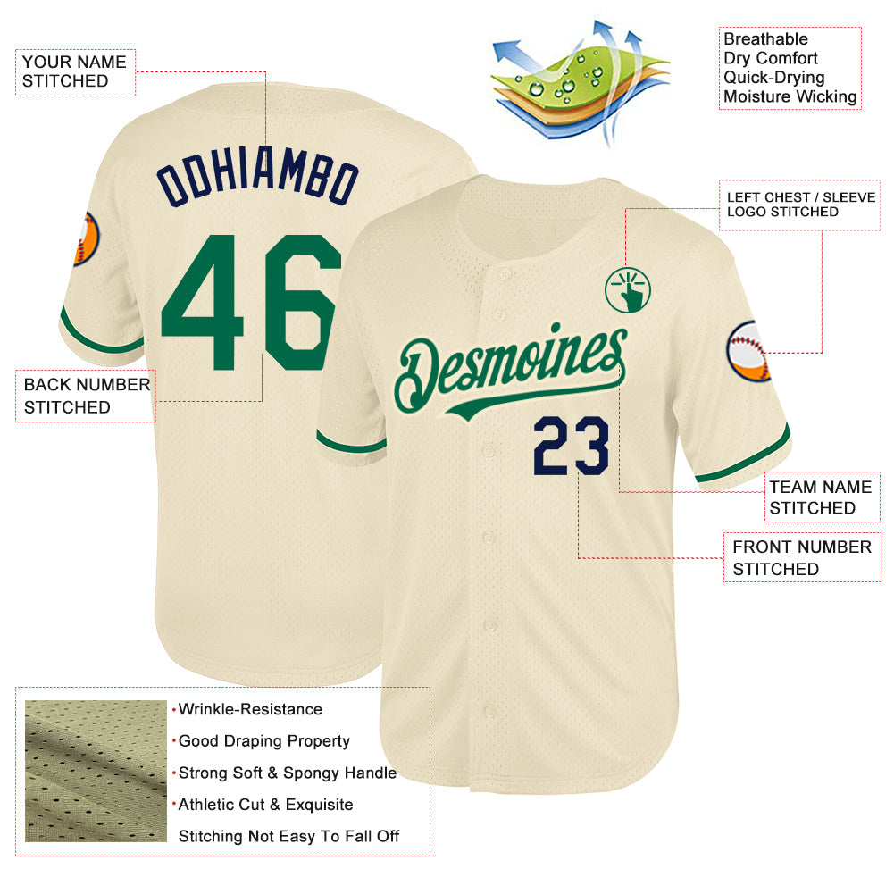 Custom Cream Kelly Green-Navy Mesh Authentic Throwback Baseball Jersey view 3