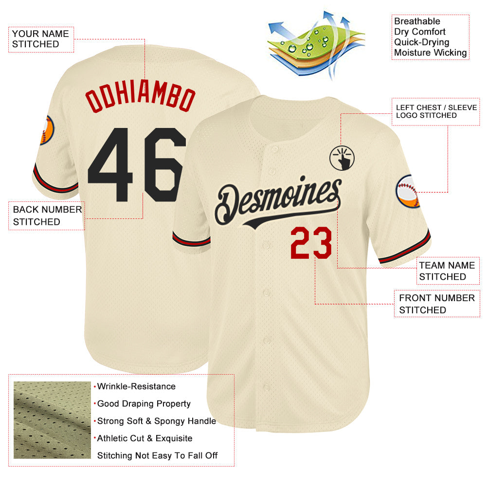 Custom Cream Black-Red Mesh Authentic Throwback Baseball Jersey view 3