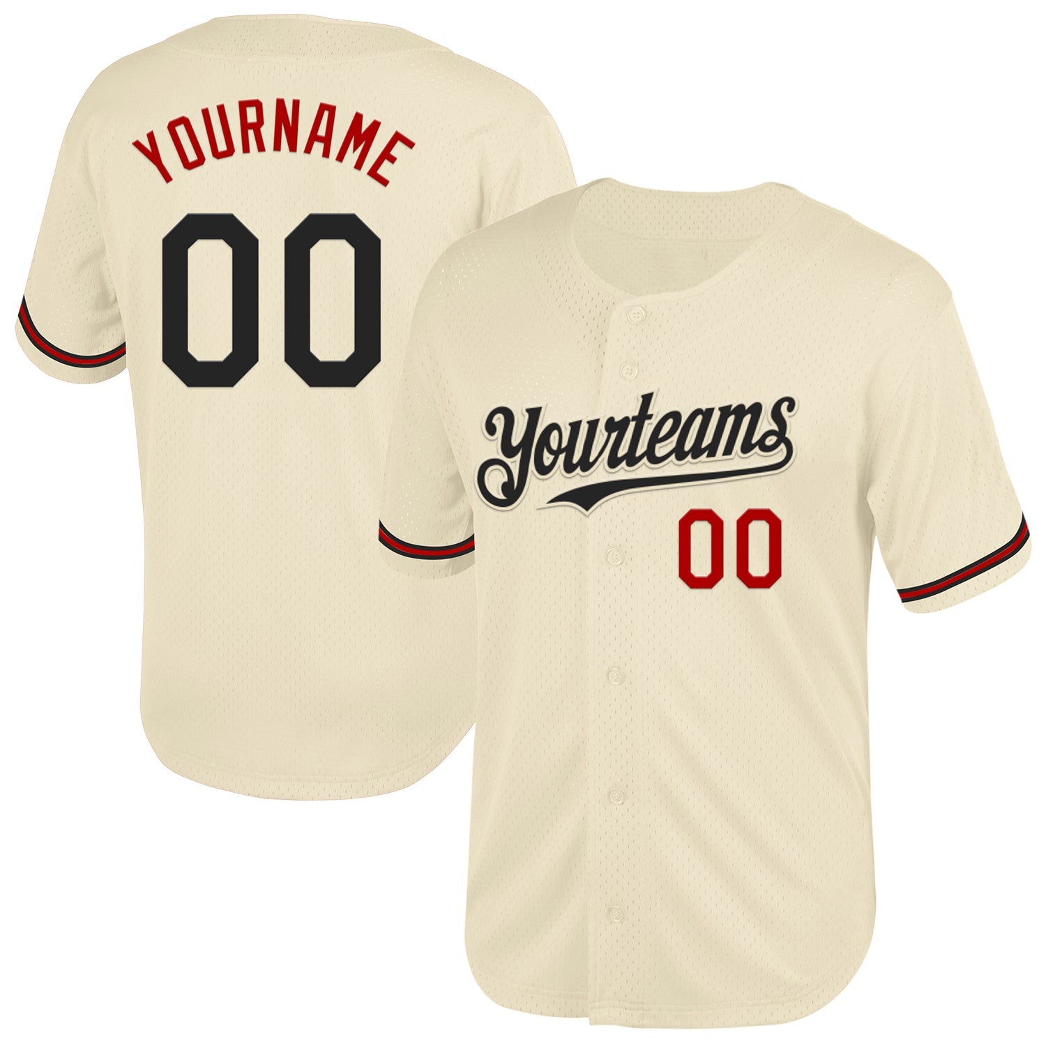 Custom Cream Black-Red Mesh Authentic Throwback Baseball Jersey - Main View