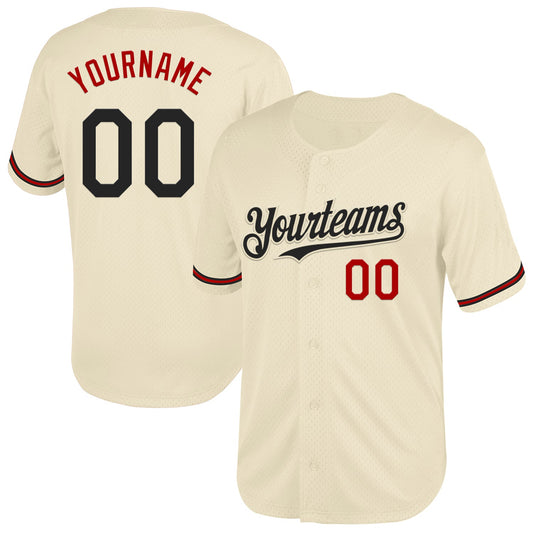 Custom Cream Black-Red Mesh Authentic Throwback Baseball Jersey - Main View
