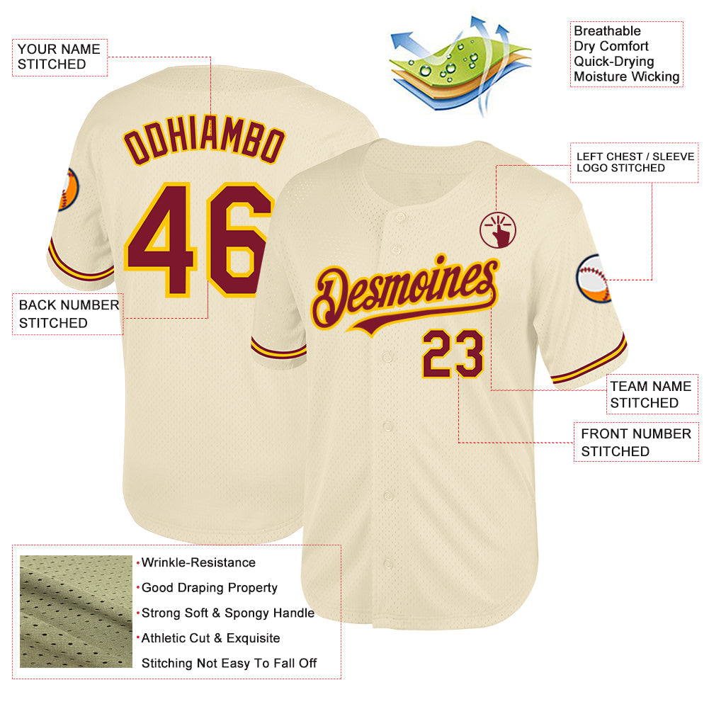 Custom Cream Crimson-Yellow Mesh Authentic Throwback Baseball Jersey view 3