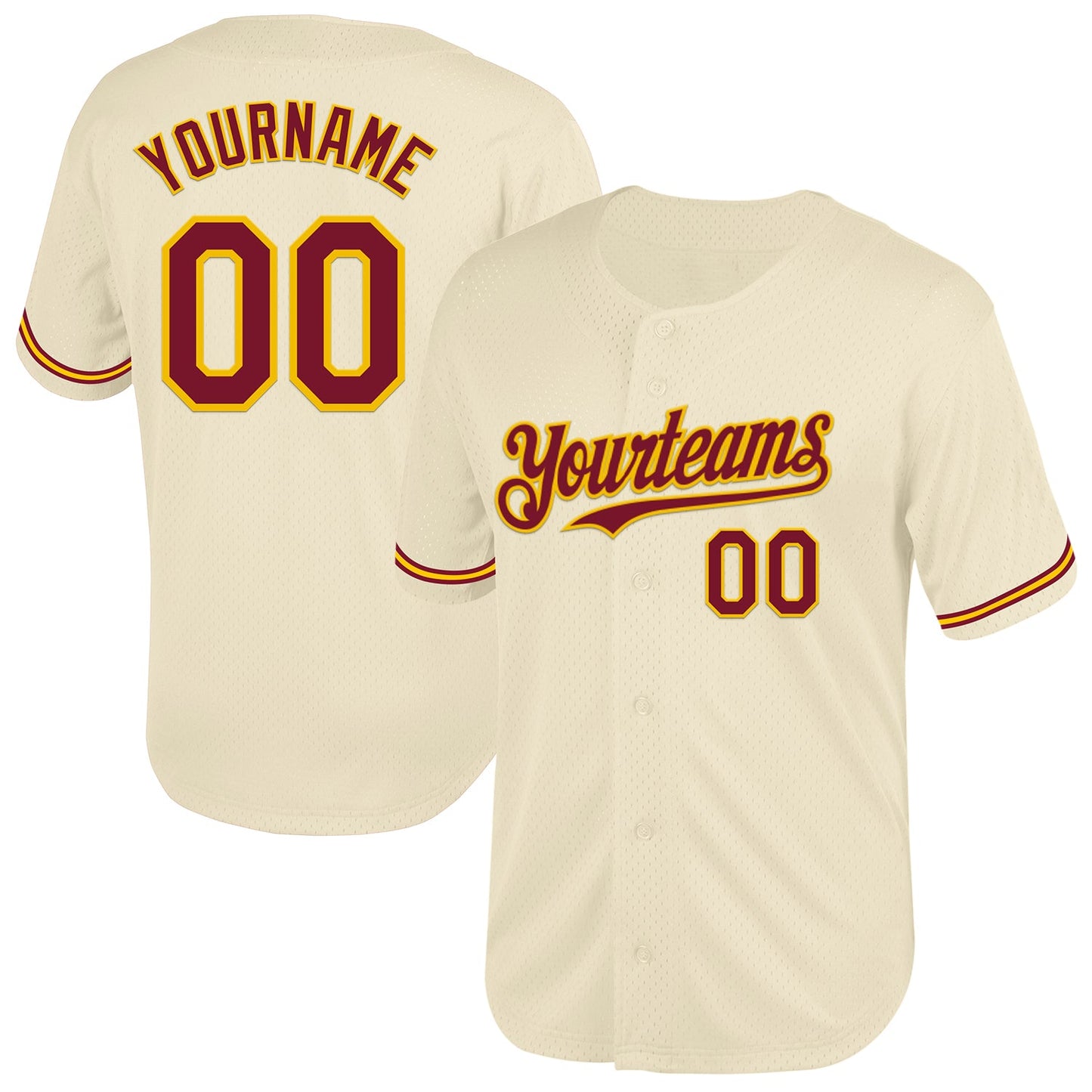 Custom Cream Crimson-Yellow Mesh Authentic Throwback Baseball Jersey - Main View