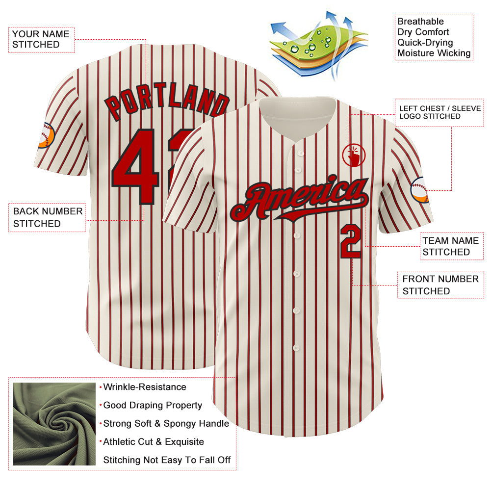 Custom Cream (Black White Pinstripe) Red-Black Authentic Baseball Jersey view 3