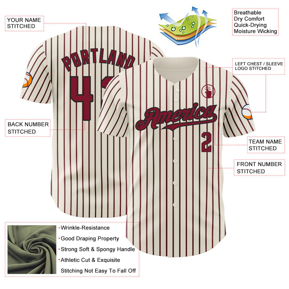 Custom Cream (Black Crimson Pinstripe) Crimson-Black Authentic Baseball Jersey view 3