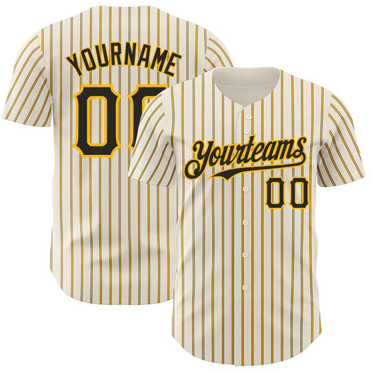 Custom Cream (Black Gold Pinstripe) Black-Gold Authentic Baseball Jersey - Main View