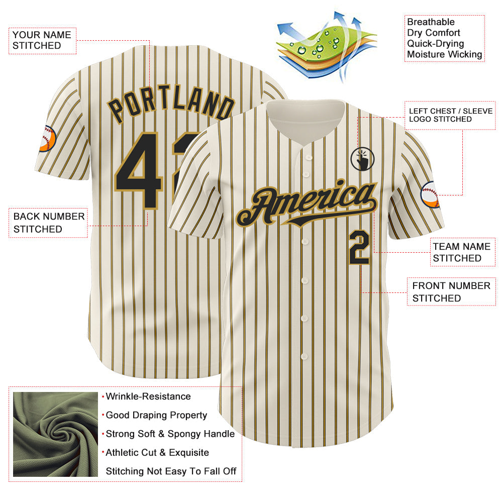 Custom Cream (Black Old Gold Pinstripe) Black-Old Gold Authentic Baseball Jersey view 3