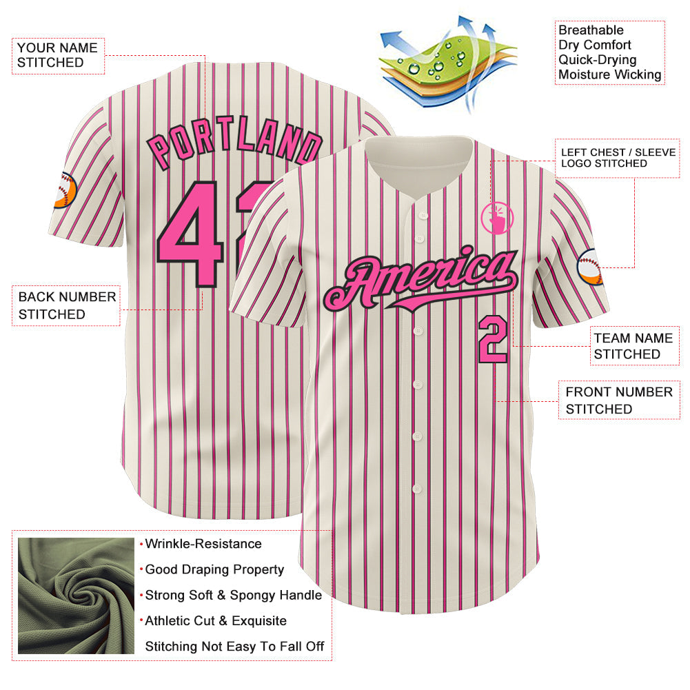 Custom Cream (Black Pink Pinstripe) Pink-Black Authentic Baseball Jersey view 3