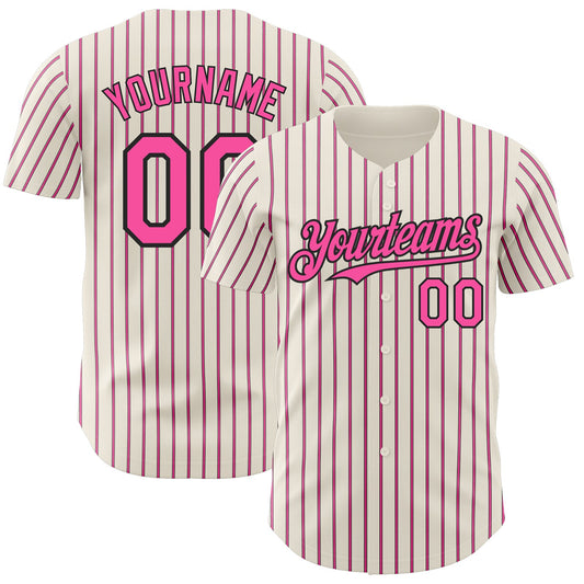 Custom Cream (Black Pink Pinstripe) Pink-Black Authentic Baseball Jersey - Main View
