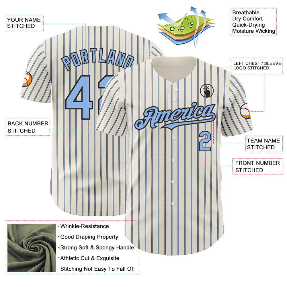 Custom Cream (Black Light Blue Pinstripe) Light Blue-Black Authentic Baseball Jersey view 3