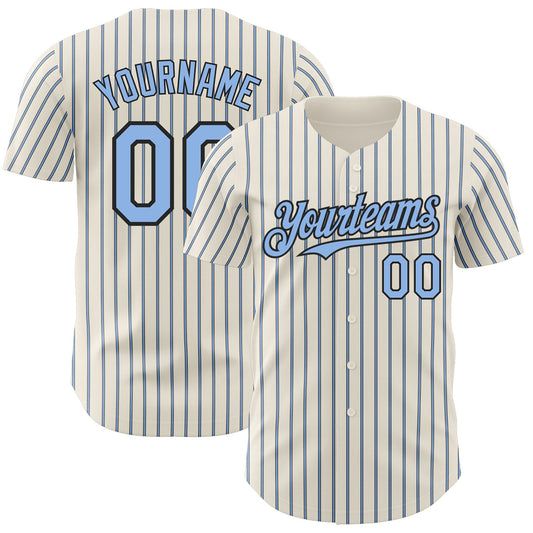 Custom Cream (Black Light Blue Pinstripe) Light Blue-Black Authentic Baseball Jersey - Main View