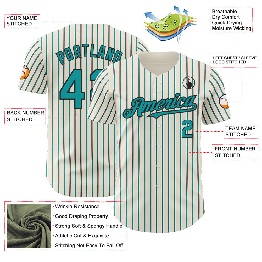 Custom Cream (Black Teal Pinstripe) Teal-Black Authentic Baseball Jersey view 3