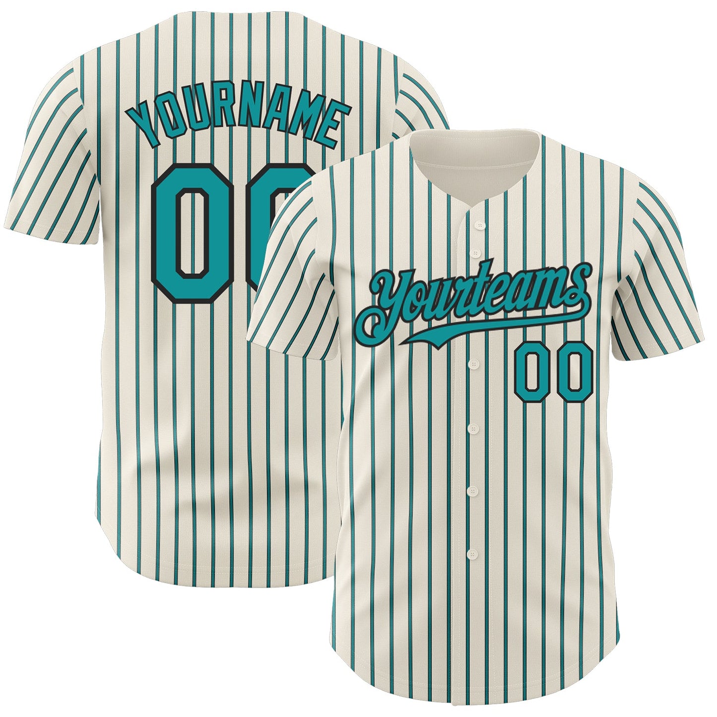 Custom Cream (Black Teal Pinstripe) Teal-Black Authentic Baseball Jersey - Main View