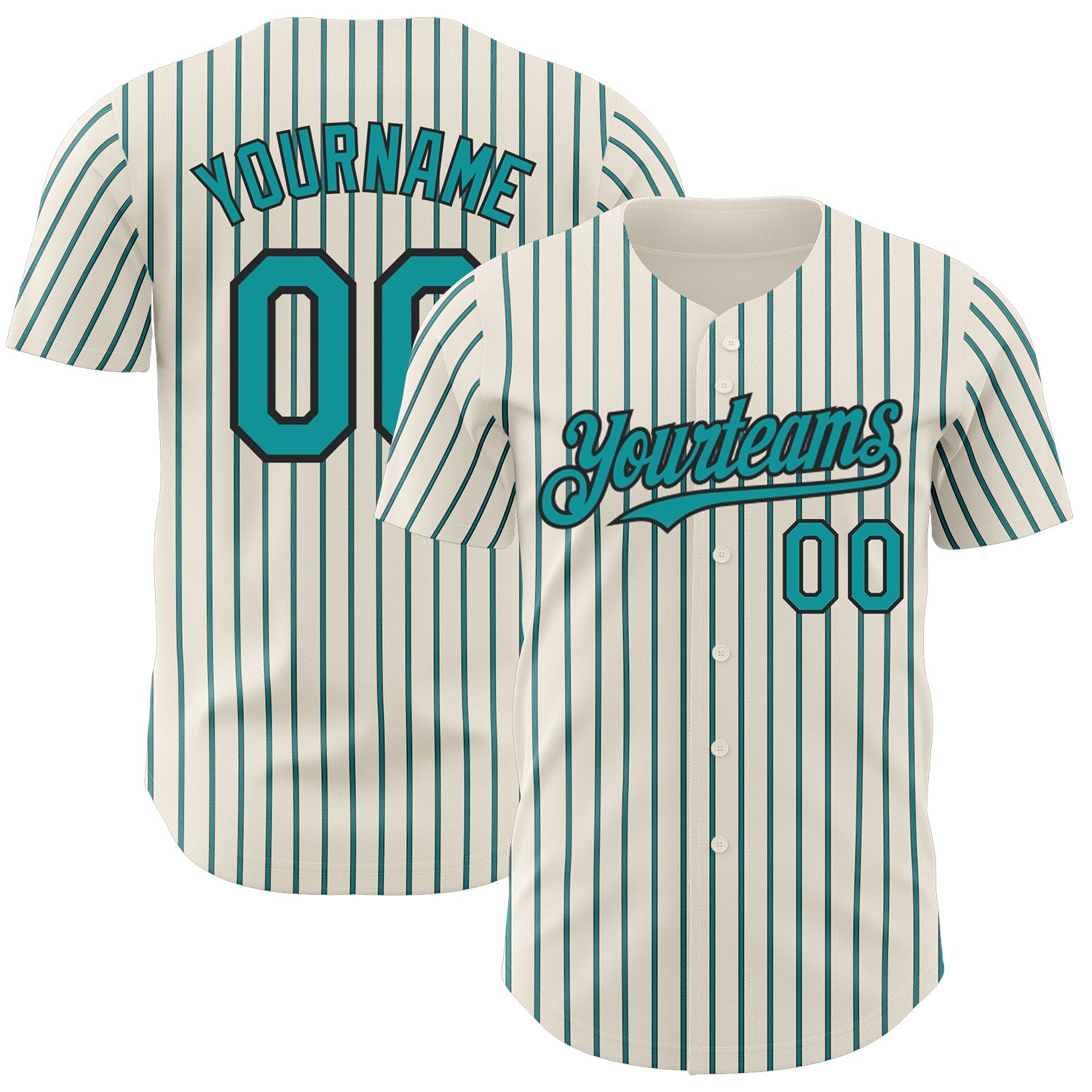 Custom Cream (Black Teal Pinstripe) Teal-Black Authentic Baseball Jersey - Main View