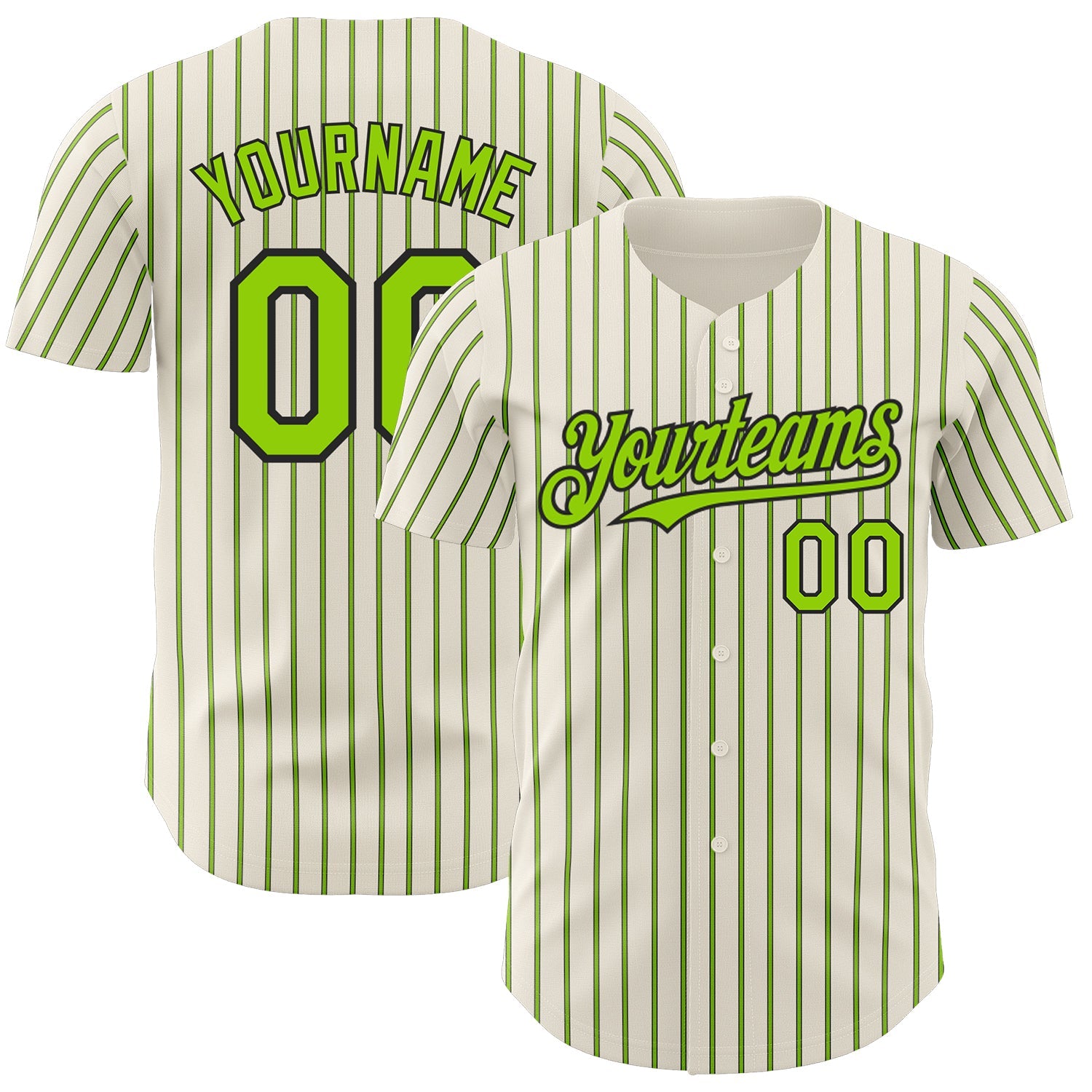 Custom Cream (Black Neon Green Pinstripe) Neon Green-Black Authentic Baseball Jersey - Main View