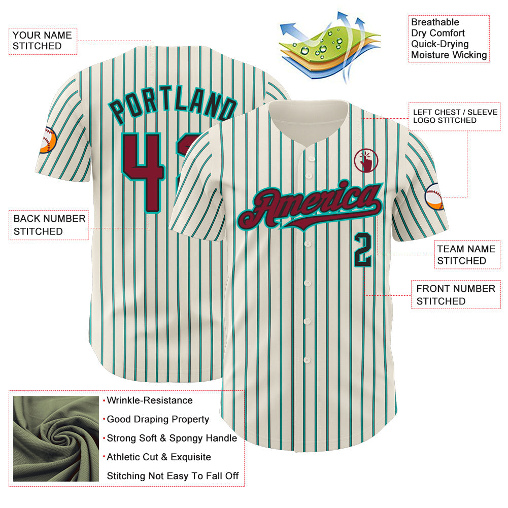 Custom Cream (Black Aqua Pinstripe) Crimson Black-Aqua Authentic Baseball Jersey view 3