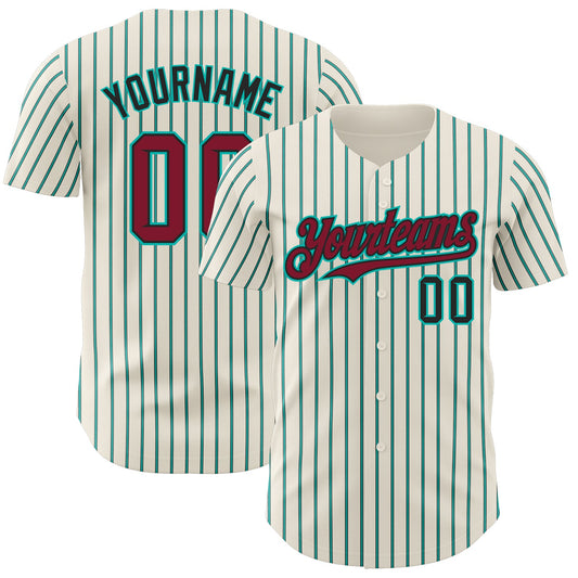 Custom Cream (Black Aqua Pinstripe) Crimson Black-Aqua Authentic Baseball Jersey - Main View