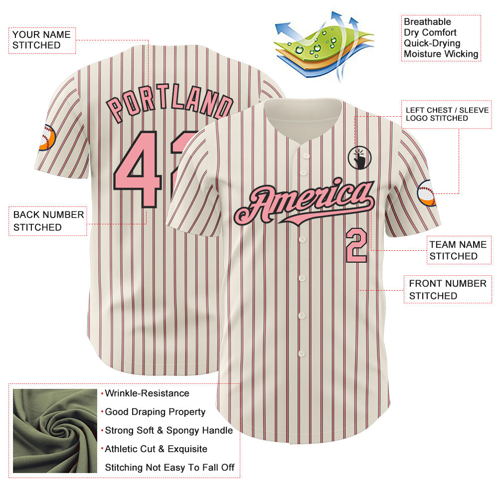 Custom Cream (Black Medium Pink Pinstripe) Medium Pink-Black Authentic Baseball Jersey view 3