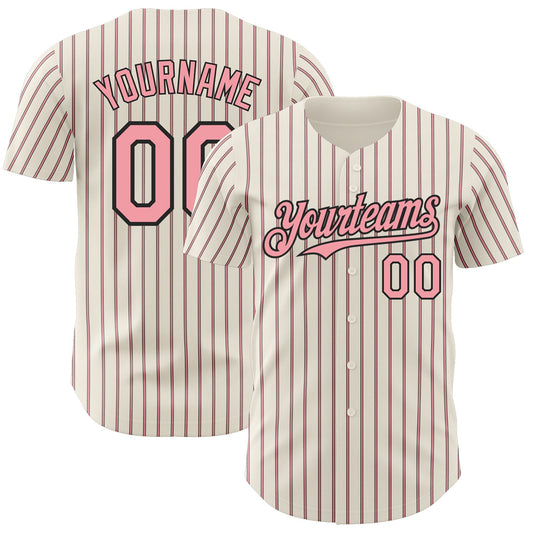 Custom Cream (Black Medium Pink Pinstripe) Medium Pink-Black Authentic Baseball Jersey - Main View
