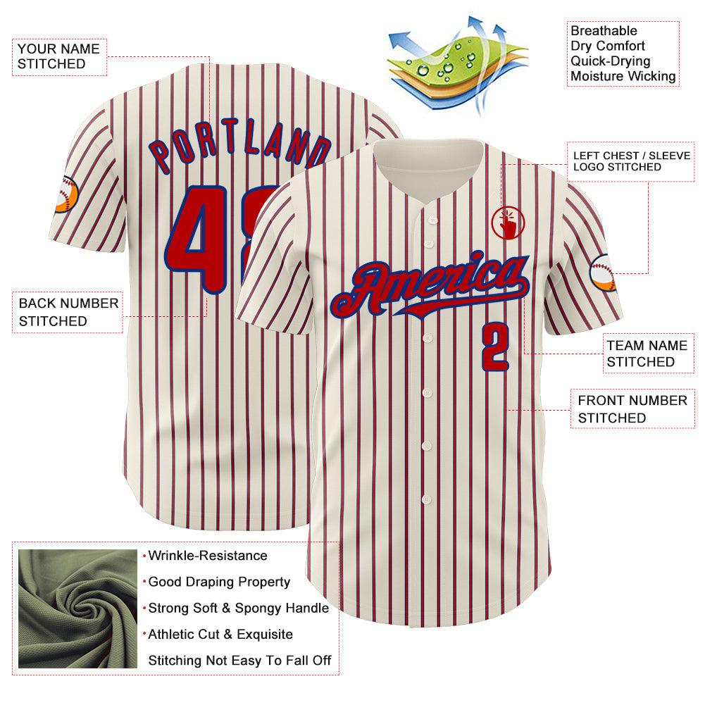 Custom Cream (Royal Red Pinstripe) Red-Royal Authentic Baseball Jersey view 3