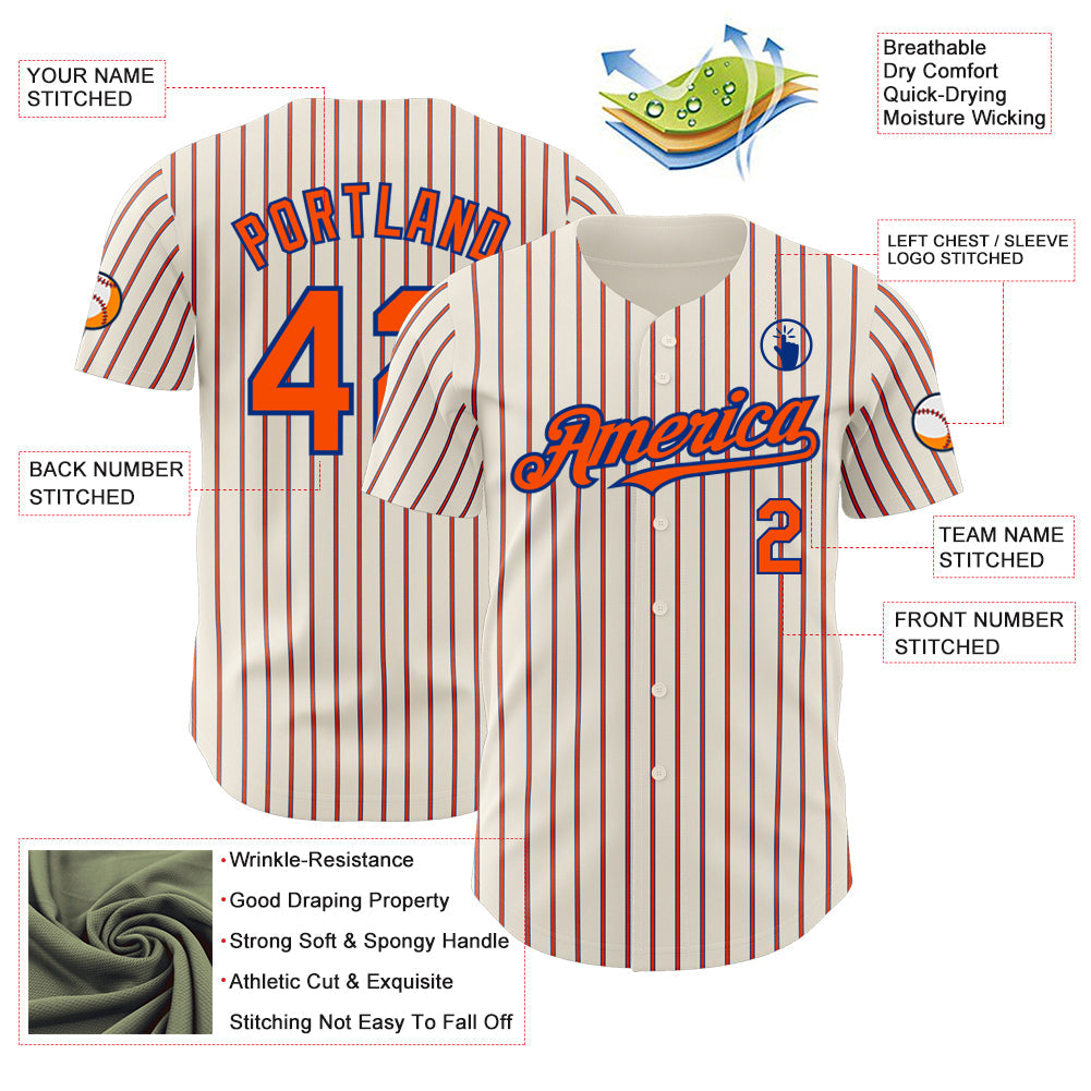 Custom Cream (Royal Orange Pinstripe) Orange-Royal Authentic Baseball Jersey view 3