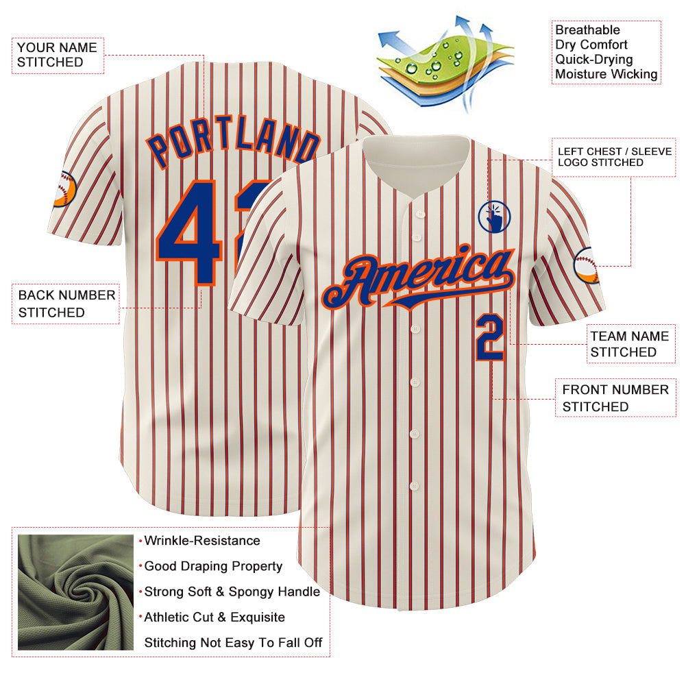 Custom Cream (Royal Orange Pinstripe) Royal-Orange Authentic Baseball Jersey view 3
