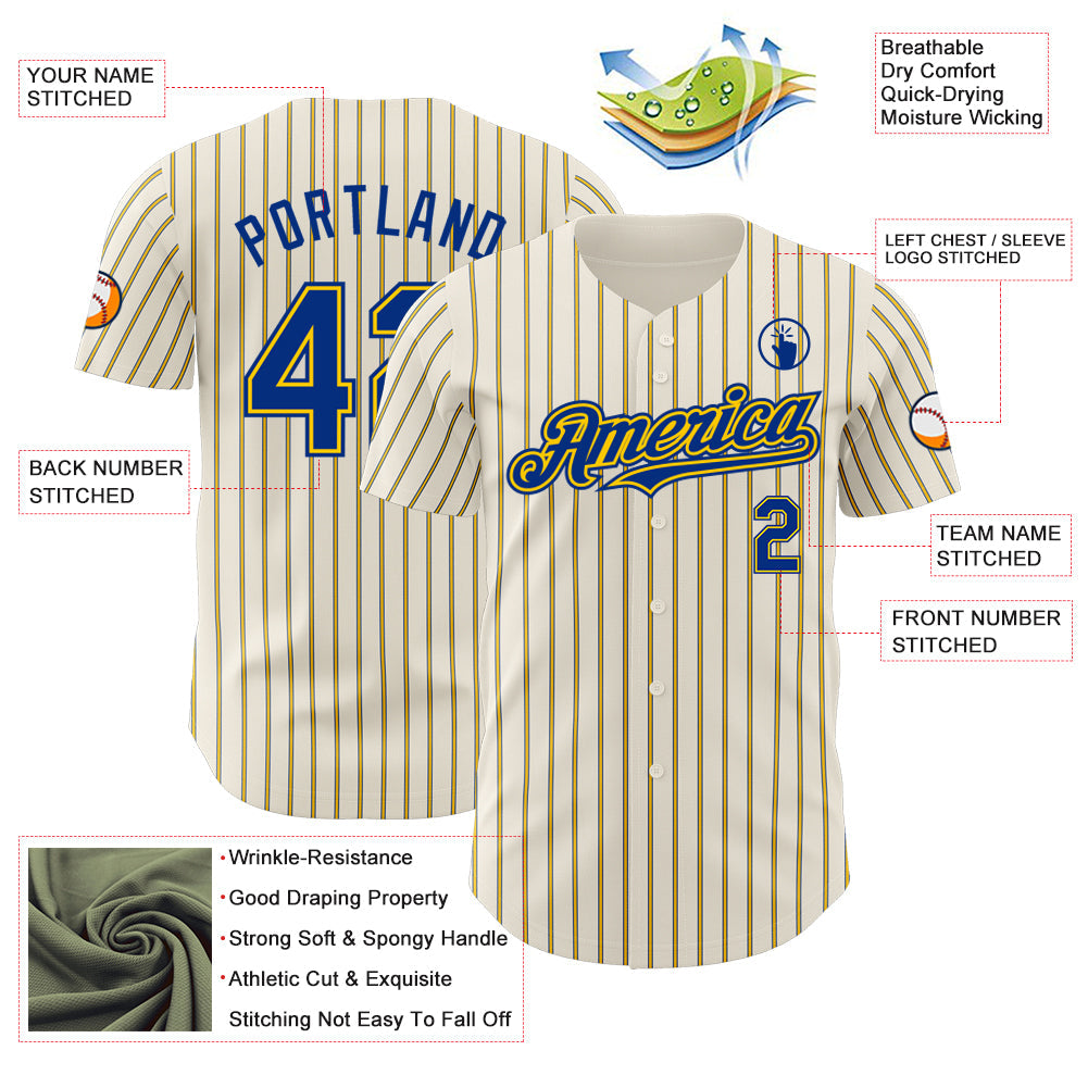 Custom Cream (Royal Yellow Pinstripe) Royal-Yellow Authentic Baseball Jersey view 3