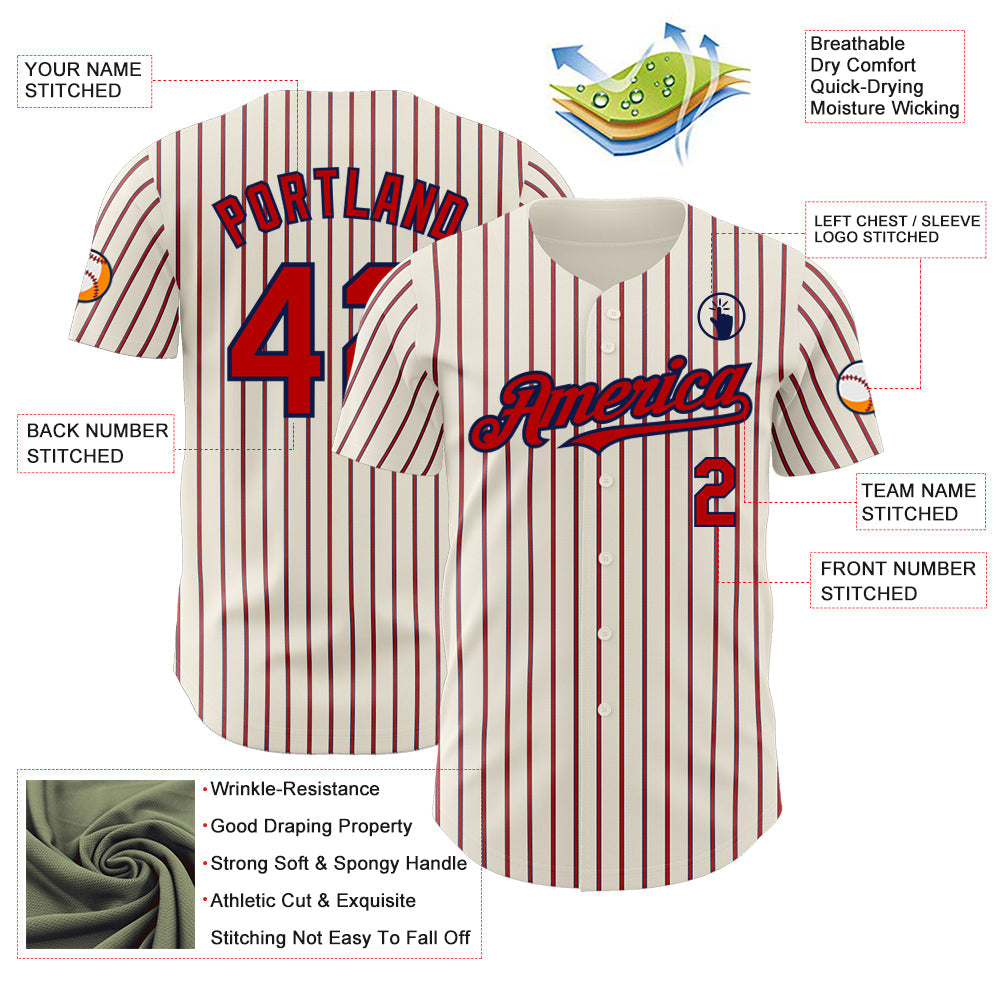 Custom Cream (Navy Red Pinstripe) Red-Navy Authentic Baseball Jersey view 3