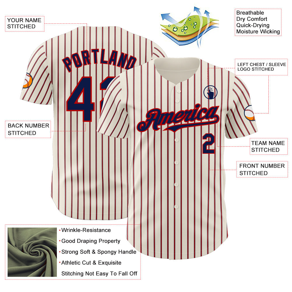 Custom Cream (Navy Red Pinstripe) Navy-Red Authentic Baseball Jersey view 3
