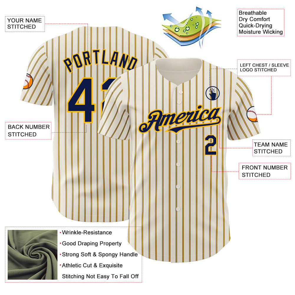 Custom Cream (Navy Gold Pinstripe) Navy-Gold Authentic Baseball Jersey view 3