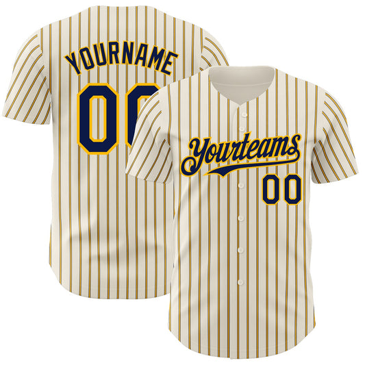 Custom Cream (Navy Gold Pinstripe) Navy-Gold Authentic Baseball Jersey - Main View