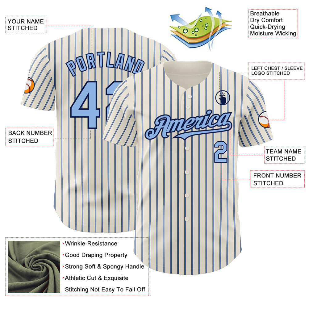 Custom Cream (Navy Light Blue Pinstripe) Light Blue-Navy Authentic Baseball Jersey view 3