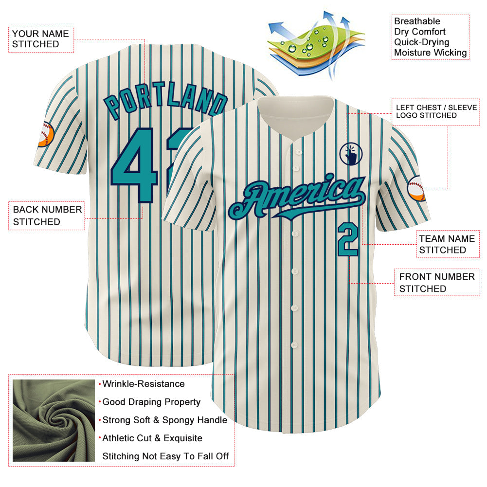 Custom Cream (Navy Teal Pinstripe) Teal-Navy Authentic Baseball Jersey view 3