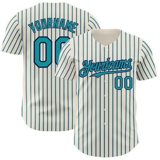 Custom Cream (Navy Teal Pinstripe) Teal-Navy Authentic Baseball Jersey - Main View
